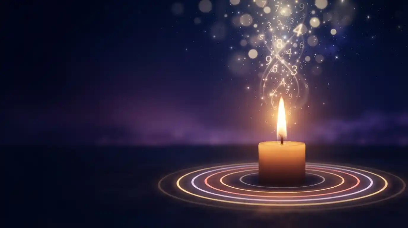 Candle flame surrounded by glowing numerals, representing numerology insight