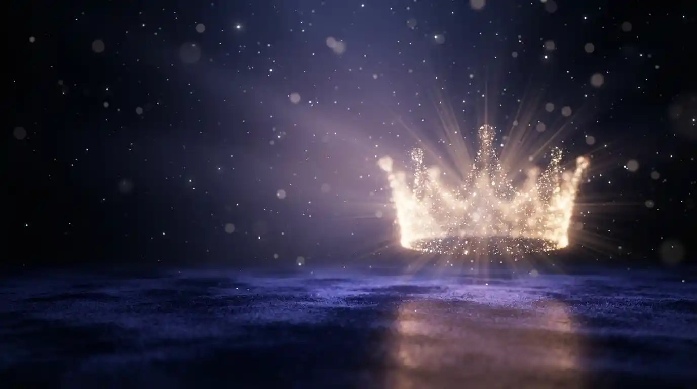 Golden crown floating against a dark cosmic background