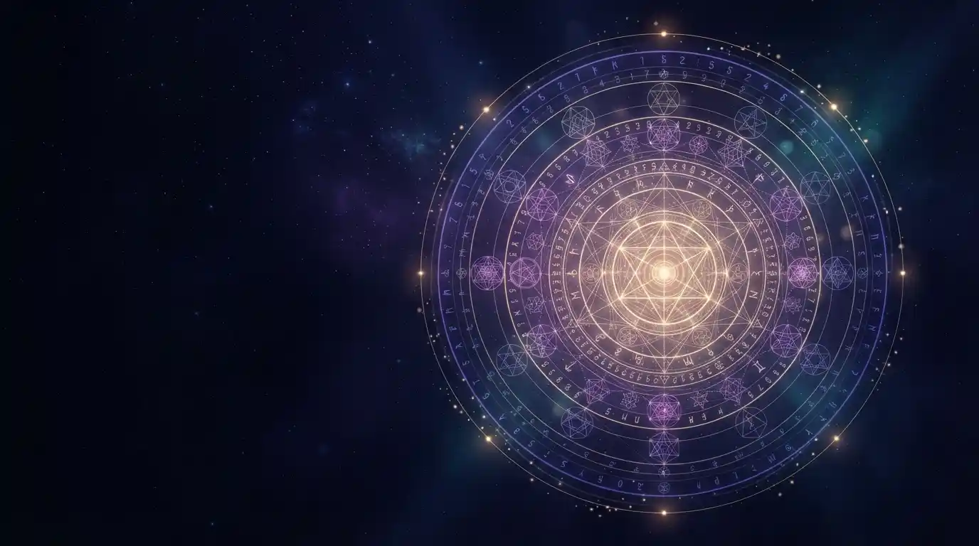 Mandala-style chart on a cosmic background, representing a birthday number chart