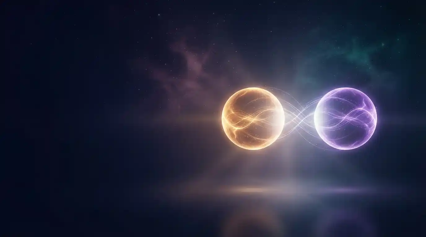 Two glowing spheres of light merging together, representing relationship compatibility